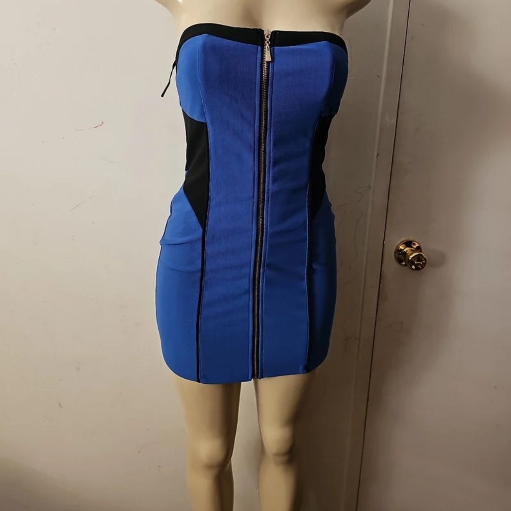 Esley Collection Blue and Black Strapless Bodycon Dress